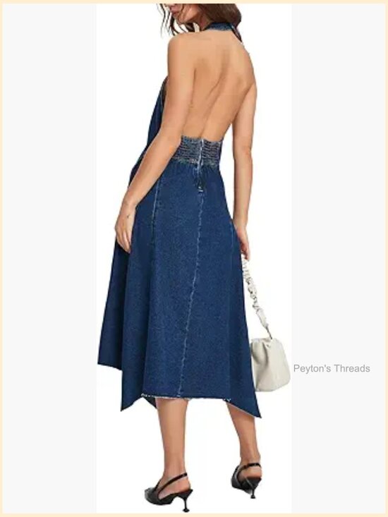 Dresses & Skirts - Halter Neck Backless Denim Midi Dress A-Line Flowy Zipper Closure